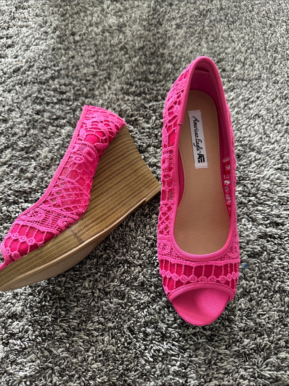American Eagle Outfitters Hot Pink Lace Wedge Peep-Toe Shoes